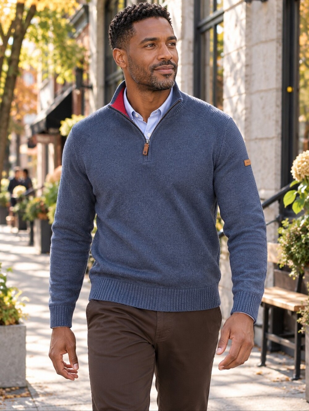 Ben Sherman Men's L 75% Wool Quarter Zip Sweater Blue Leather Trim